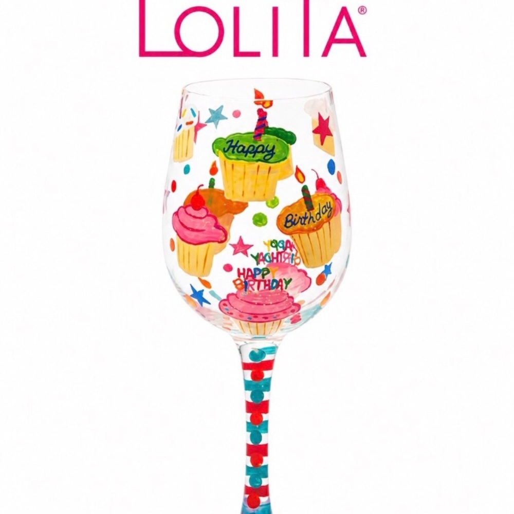 Lolita Colorful Birthday Cupcake Wine Glass - Pink, Green, Blue & Red